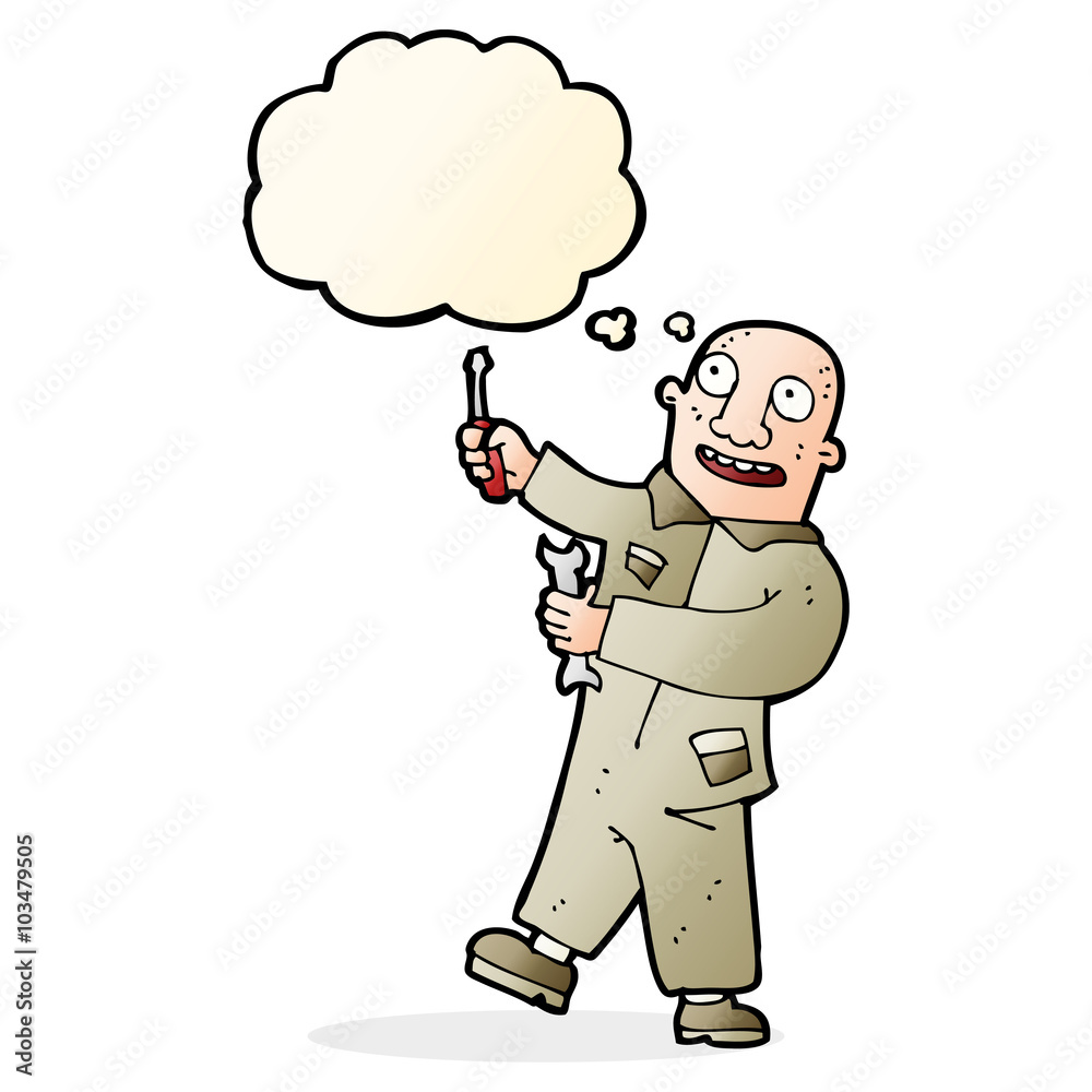 cartoon mechanic with thought bubble cartoon mechanic with thought bubble