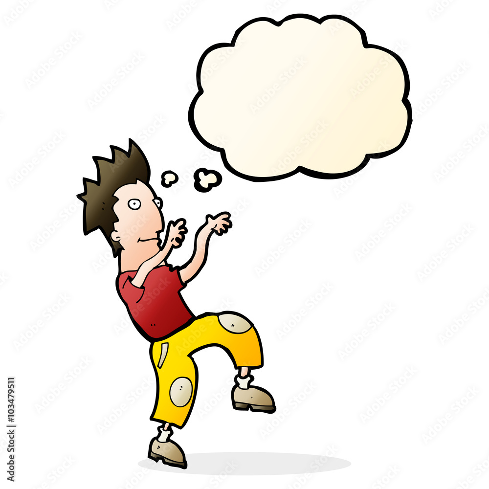cartoon happy man doing funny dance with thought bubble cartoon happy man doing funny dance with thought bubble