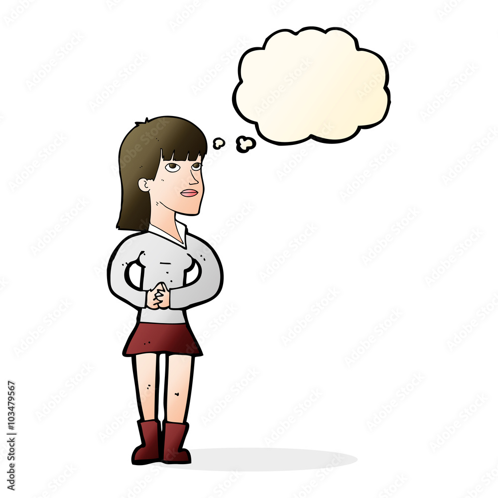 cartoon woman waiting with thought bubble cartoon woman waiting with thought bubble