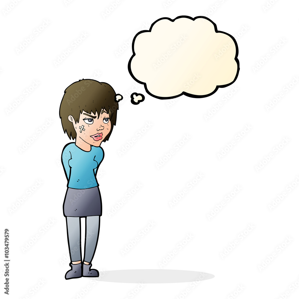 cartoon woman with plaster on face with thought bubble cartoon woman with plaster on face with thought bubble