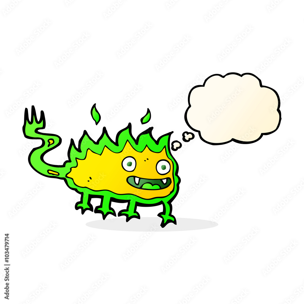 Fototapeta premium cartoon little fire demon with thought bubble