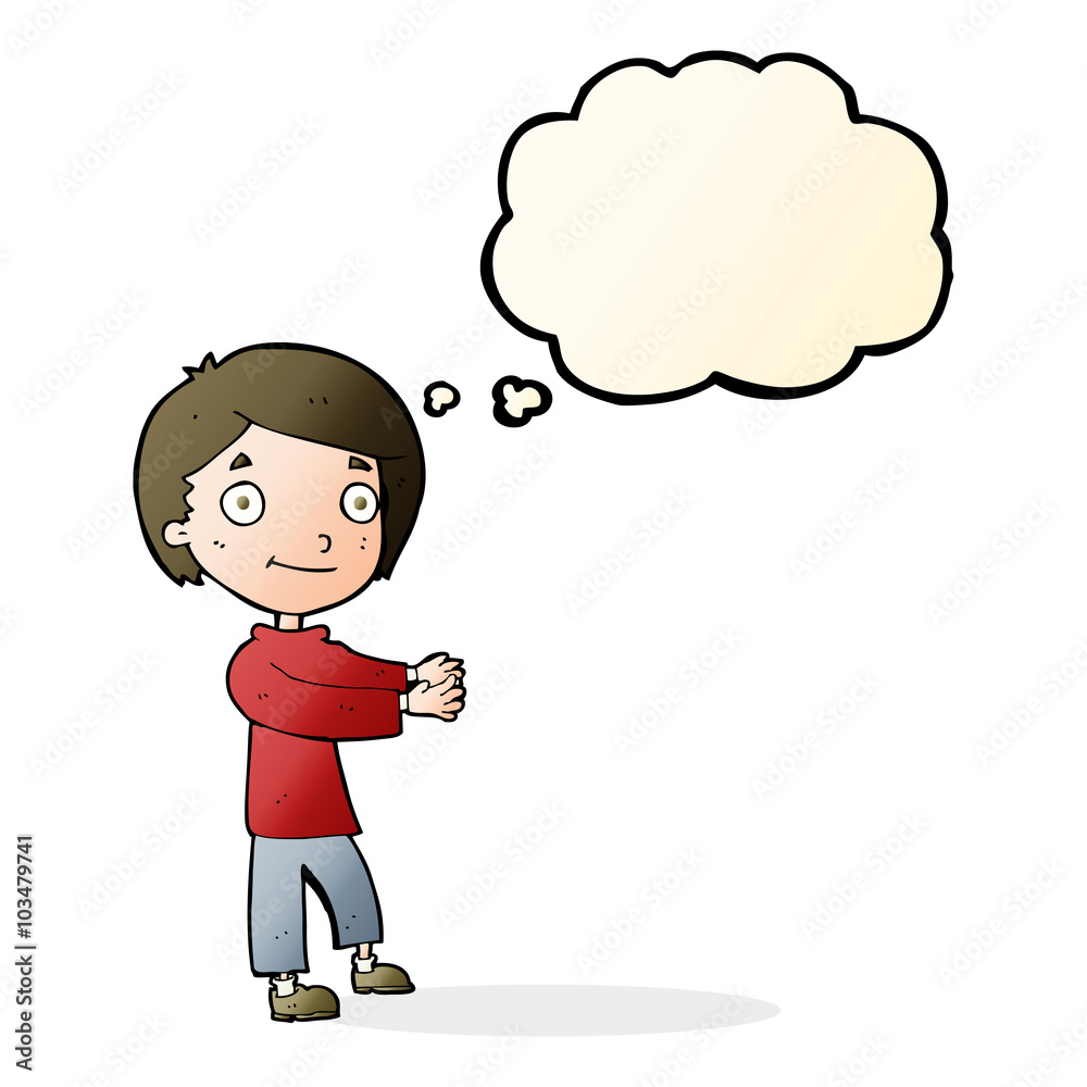 cartoon happy boy with thought bubble