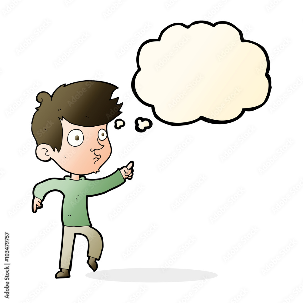 cartoon pointing boy with thought bubble cartoon pointing boy with thought bubble