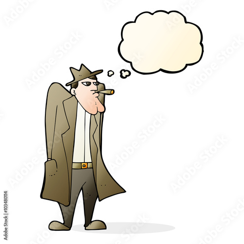 cartoon man in hat and trench coat with thought bubble