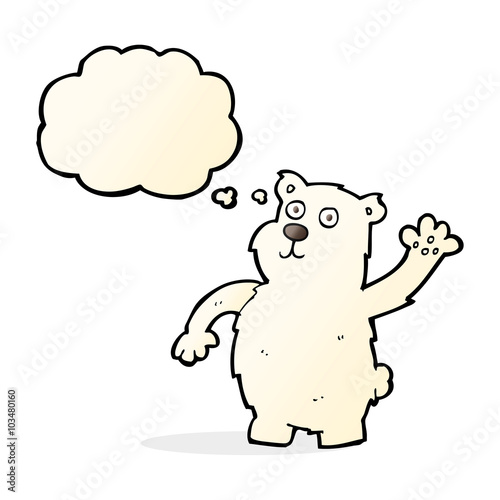 cartoon waving polar bear with thought bubble