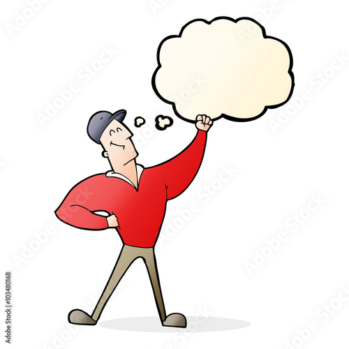 cartoon man striking heroic pose with thought bubble