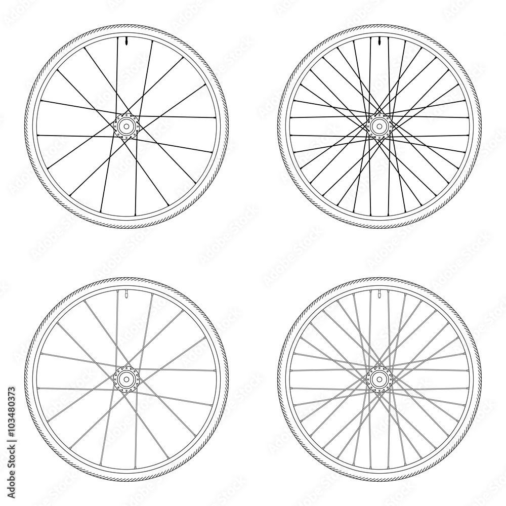 Bicycle spoke wheel tangential lacing pattern 3X black and white color isolated on white background