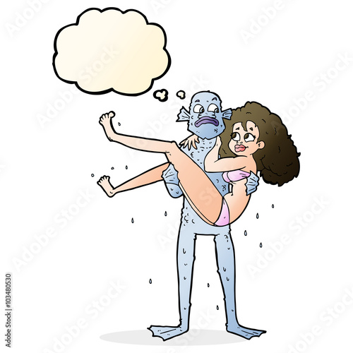 cartoon swamp monster carrying woman in bikini with thought bubb photo