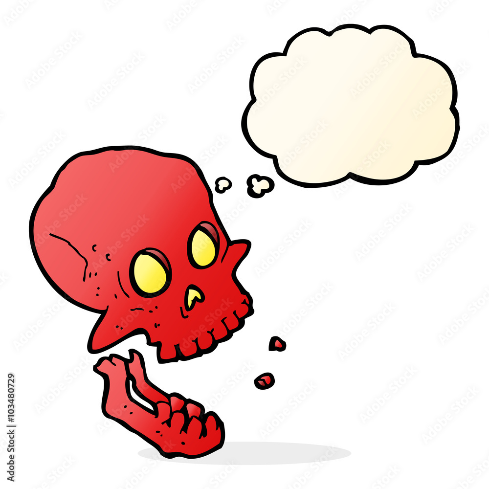 Obraz premium cartoon laughing skull with thought bubble