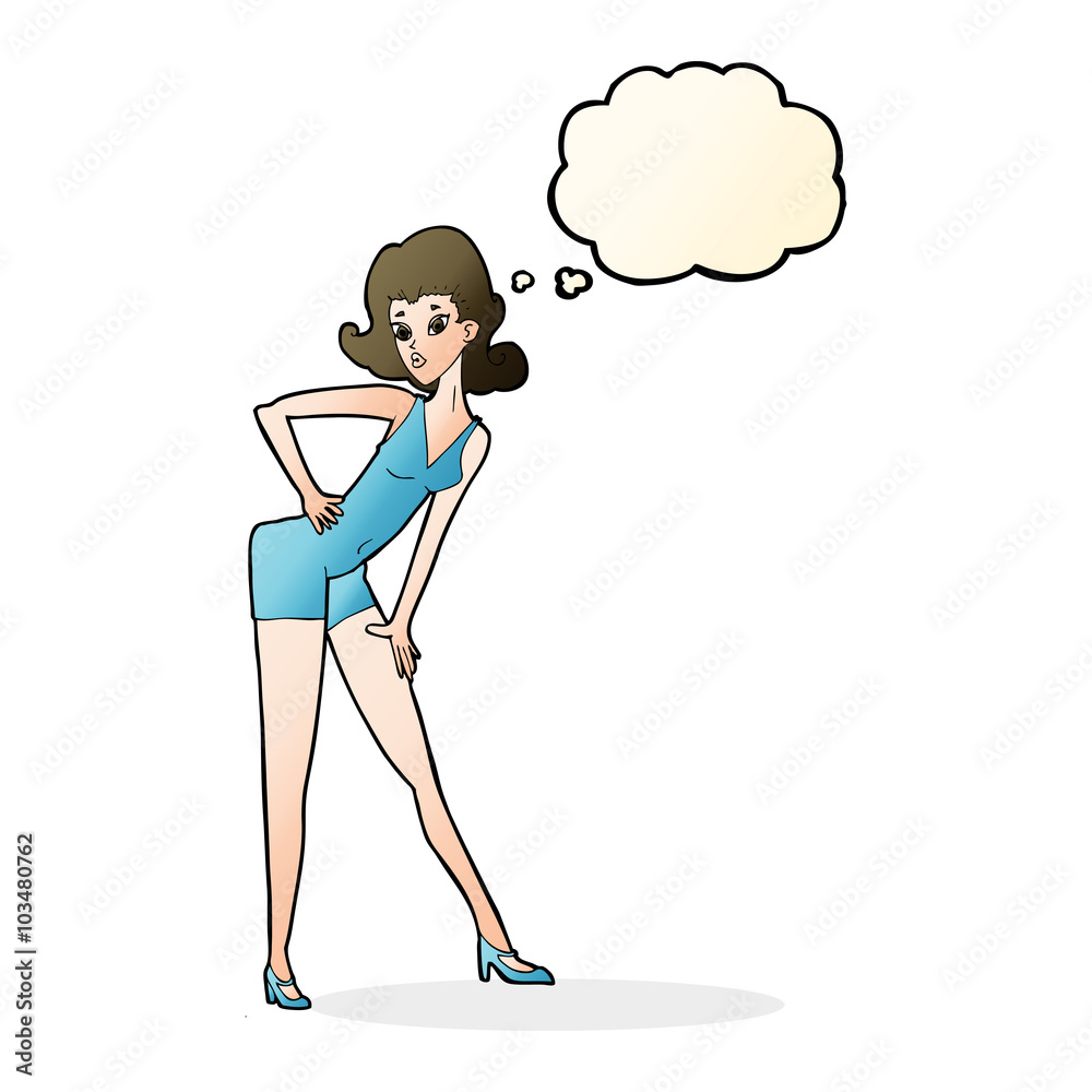 cartoon model woman posing with thought bubble