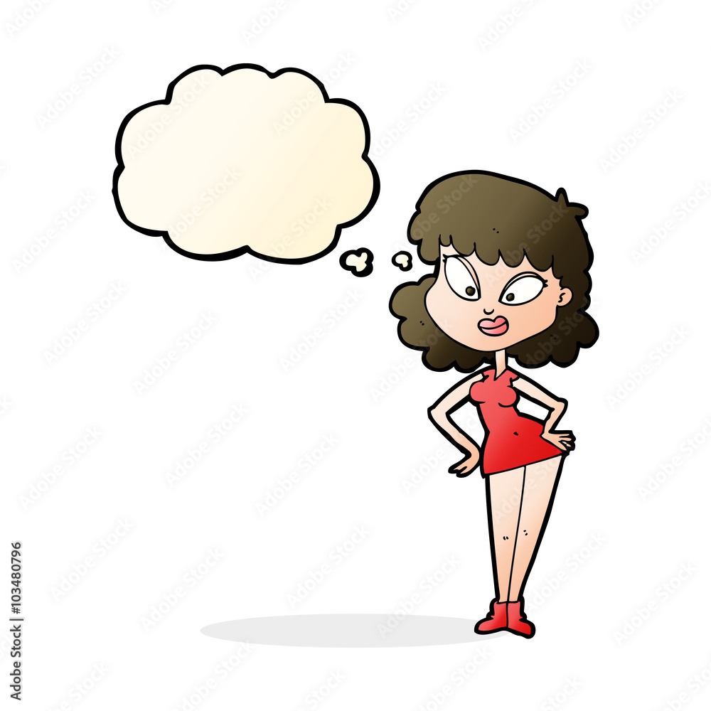 cartoon woman with hands on hips with thought bubble cartoon woman with hands on hips with thought bubble