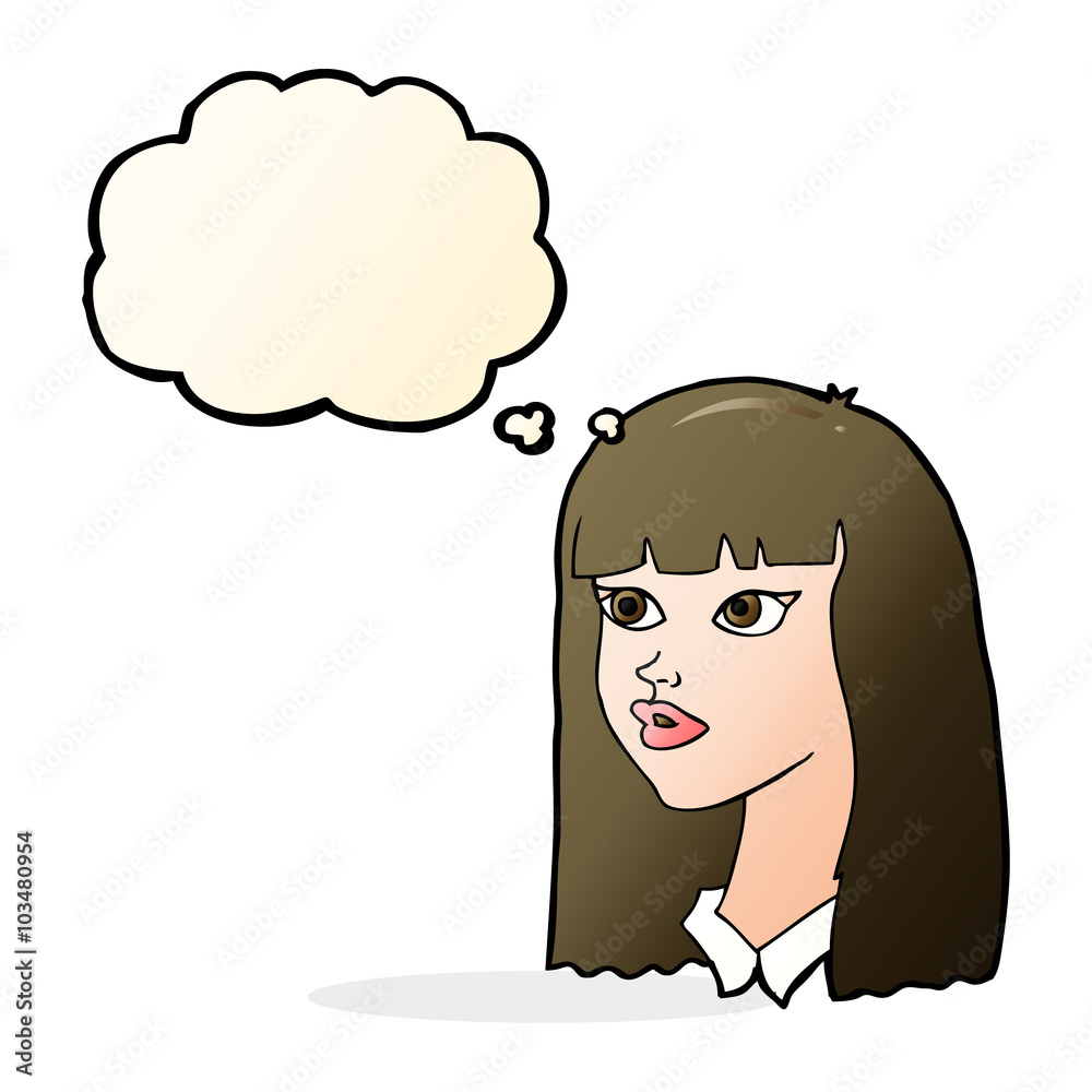 cartoon pretty girl with long hair with thought bubble