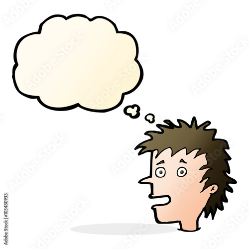 cartoon excited boy with thought bubble