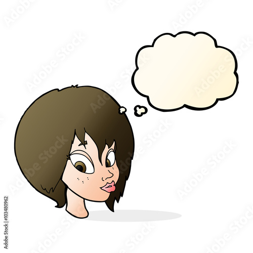 cartoon pretty female face pouting with thought bubble