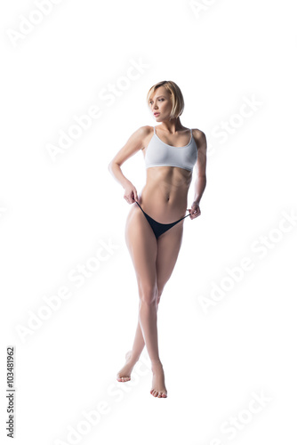 Hot blonde with bob hairstyle posing in underwear