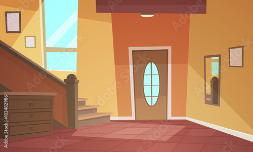 Cartoon illustration of retro style house hallway.