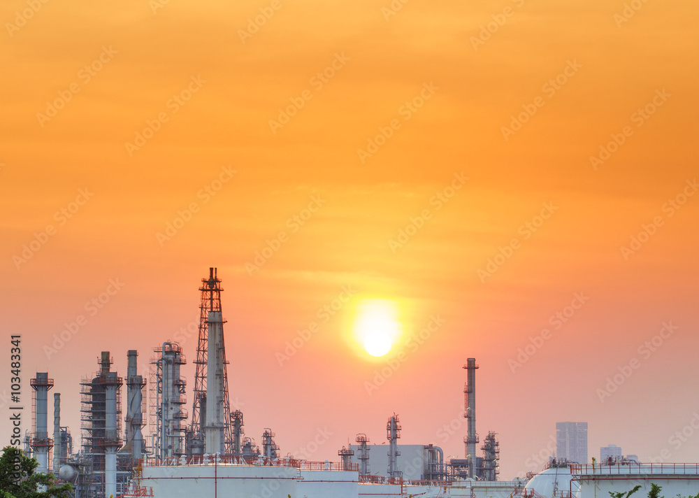 Oil refinery at sunset, petrochemical plant - factory