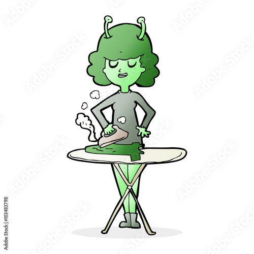 cartoon alien woman ironing