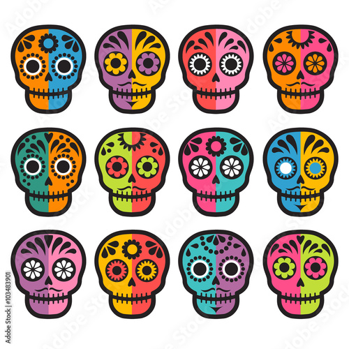 colorful patterned skull set, Mexican day of the dead stickers
