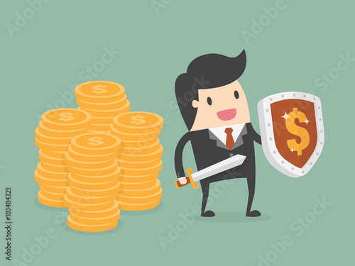 Businessman Protecting Money With Shield And Sword.