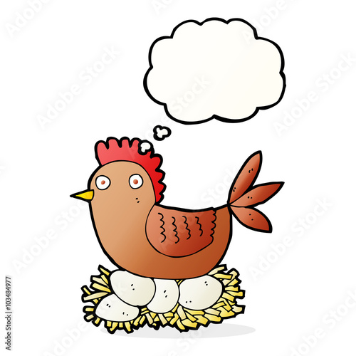cartoon hen on eggs with thought bubble