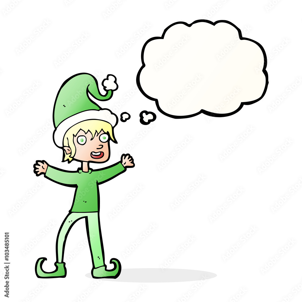 cartoon excited christmas elf with thought bubble