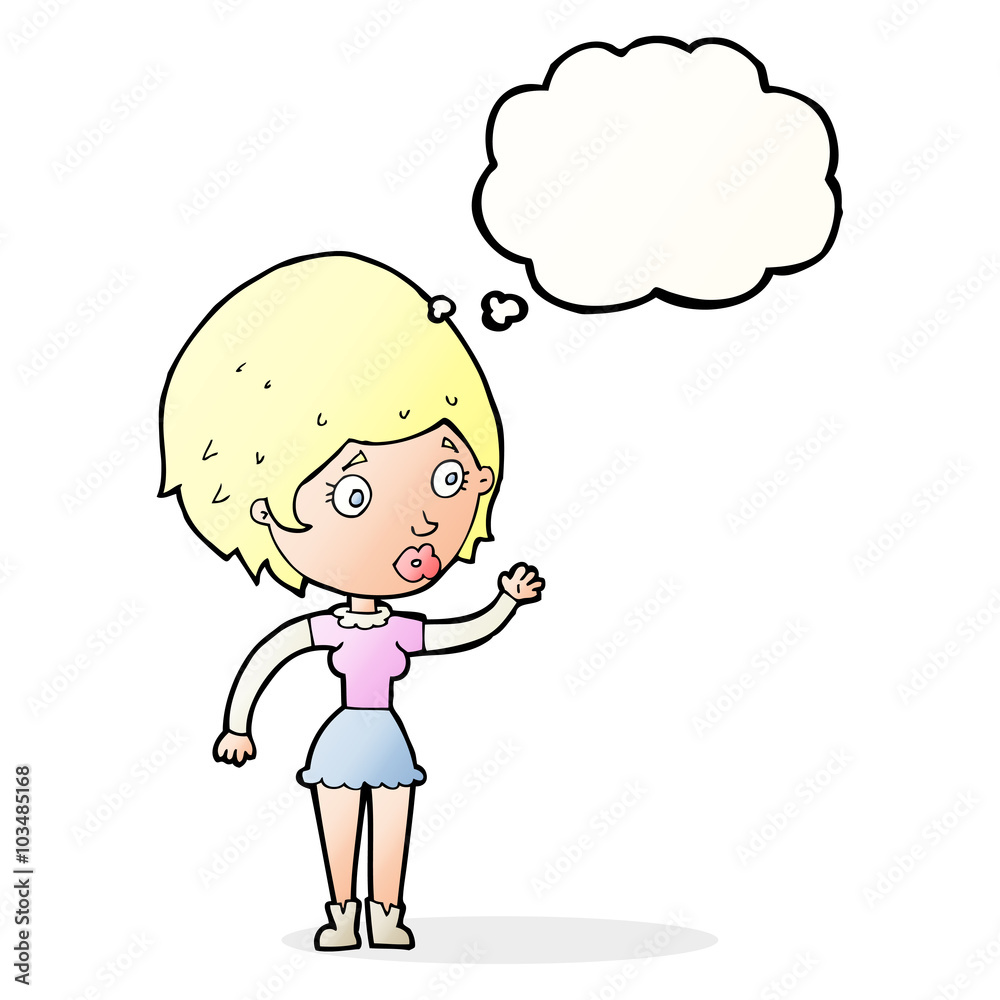 cartoon woman waving with thought bubble cartoon woman waving with thought bubble