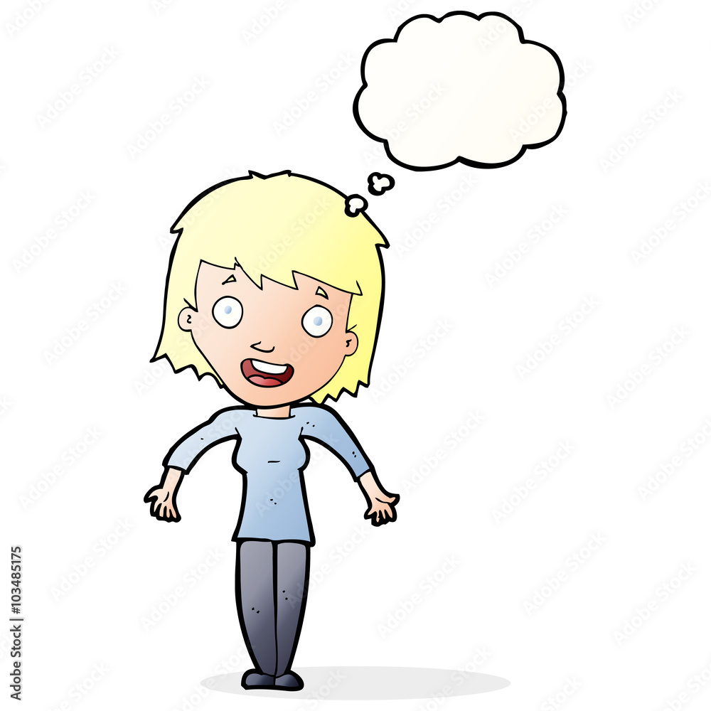 cartoon woman shrugging shoulders with thought bubble cartoon woman shrugging shoulders with thought bubble