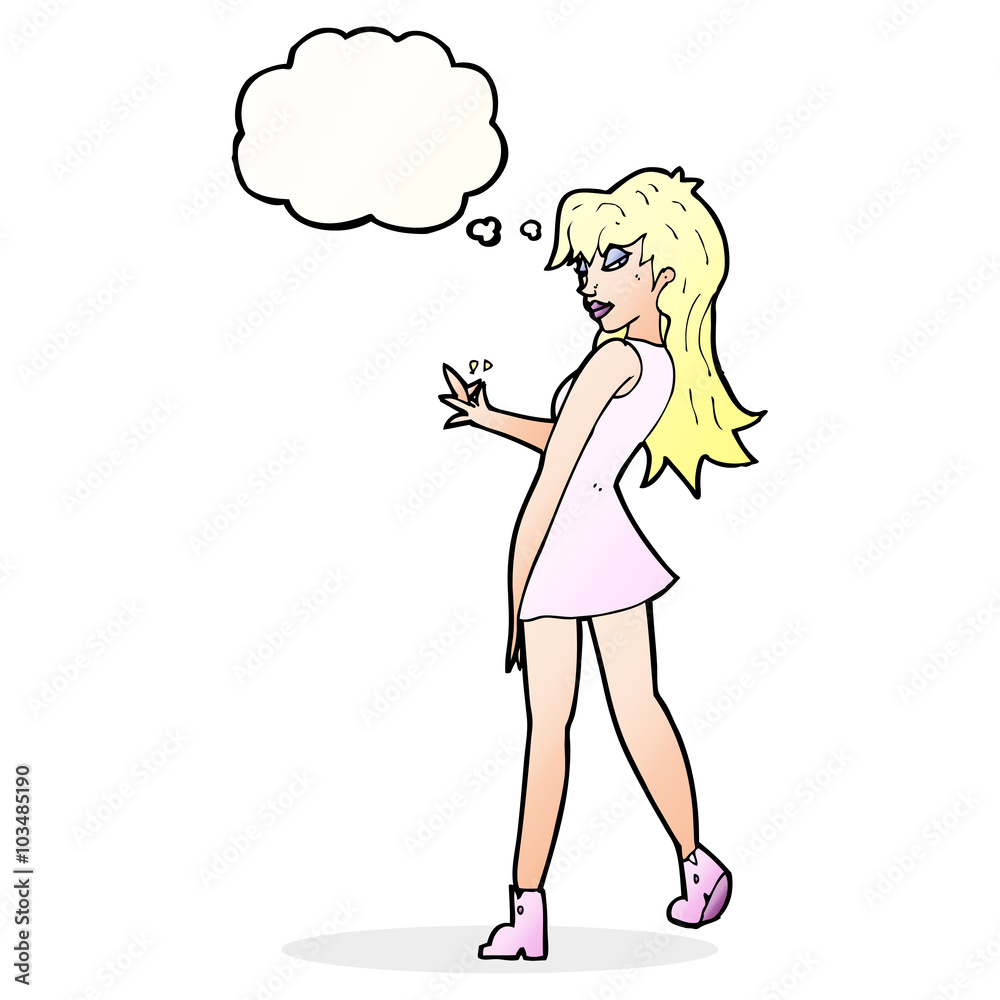 cartoon woman posing in dress with thought bubble cartoon woman posing in dress with thought bubble