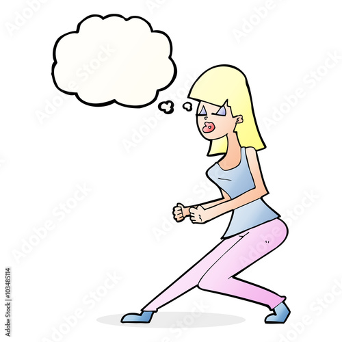 cartoon crazy dancing girl with thought bubble