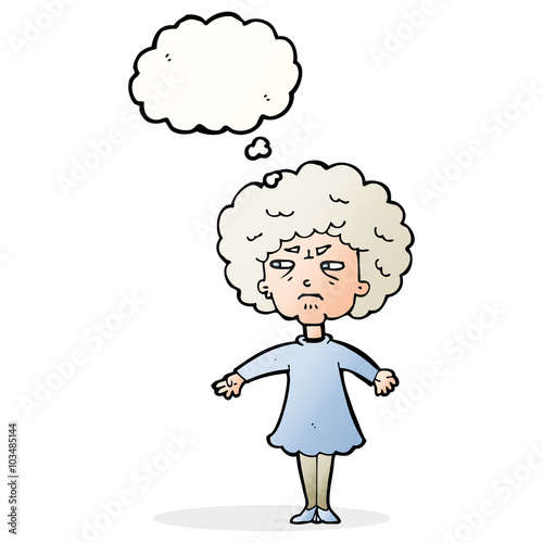 cartoon bitter old woman with thought bubble