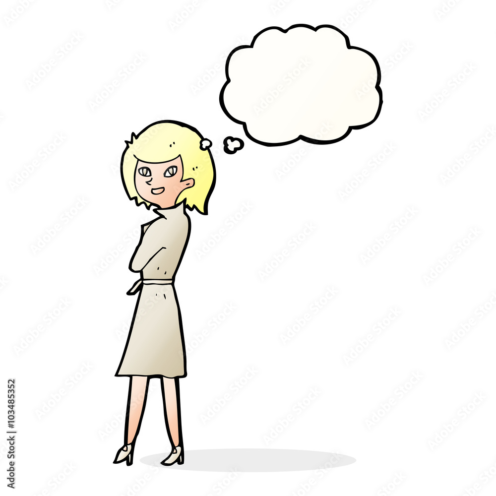 cartoon woman in trench coat with thought bubble cartoon woman in trench coat with thought bubble