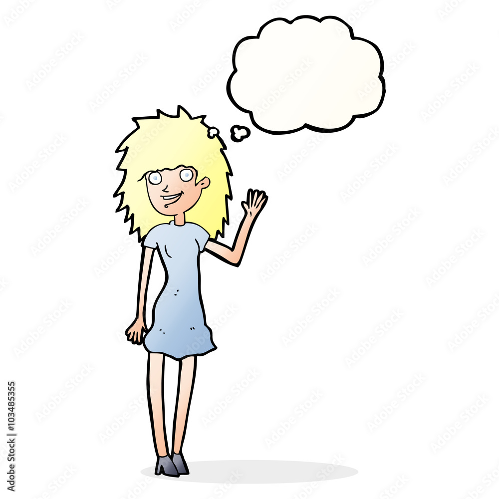 cartoon happy woman waving with thought bubble cartoon happy woman waving with thought bubble
