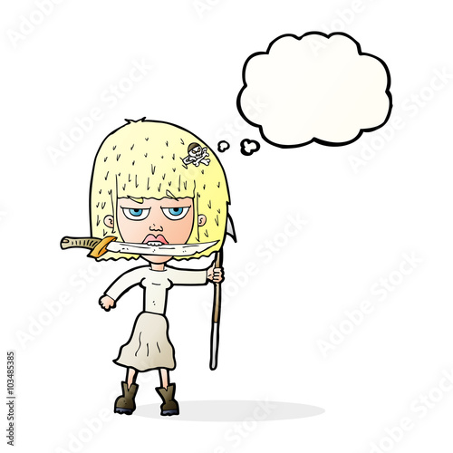 cartoon woman with knife and harpoon with thought bubble