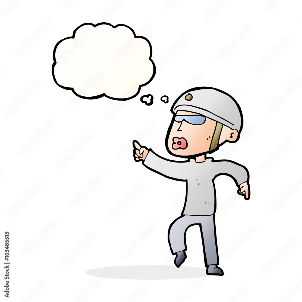 cartoon man in bike helmet pointing with thought bubble cartoon man in bike helmet pointing with thought bubble