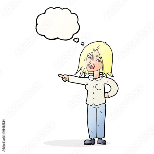 cartoon woman pointing with thought bubble