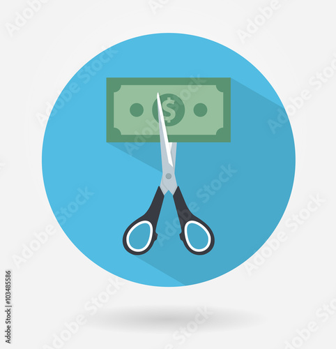 Scissors cutting dollar bill in half icon with long shadow. Flat design