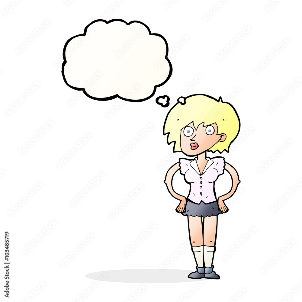 cartoon surprised woman with hands on hips with thought bubble cartoon surprised woman with hands on hips with thought bubble