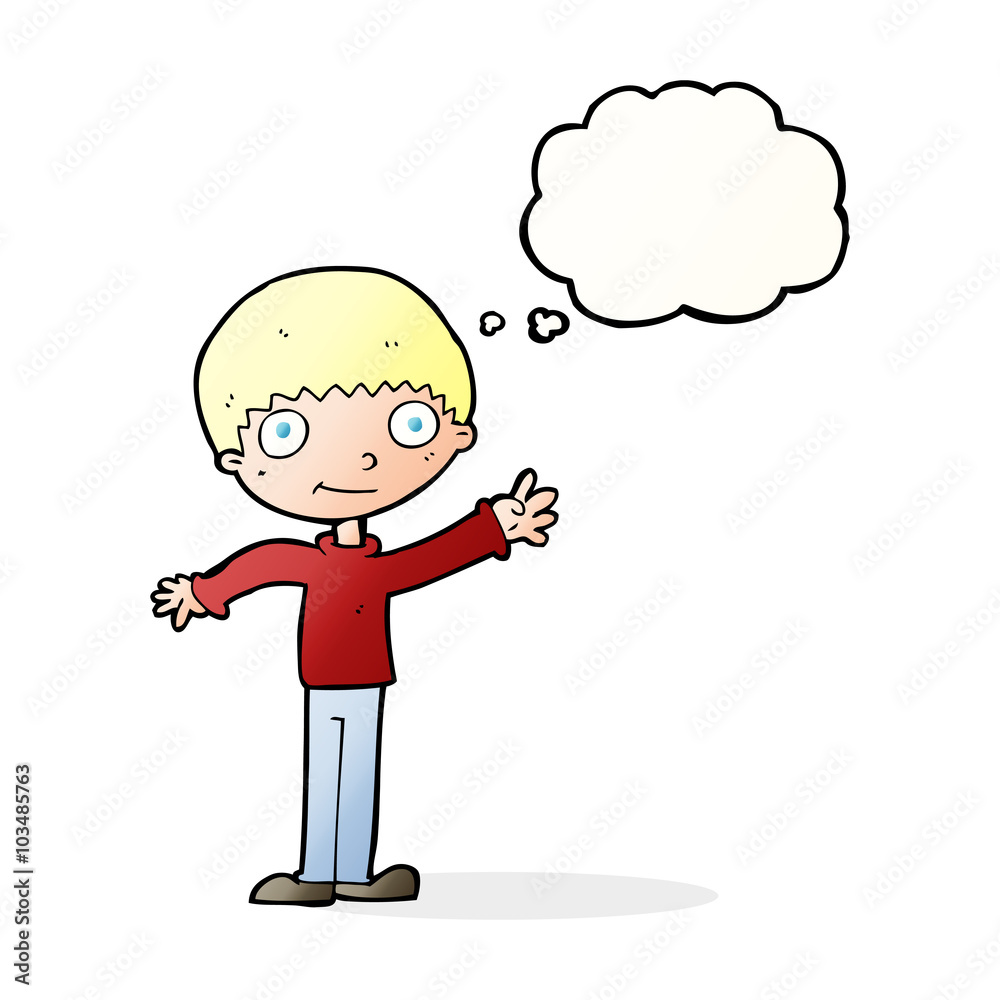 cartoon happy waving boy with thought bubble cartoon happy waving boy with thought bubble