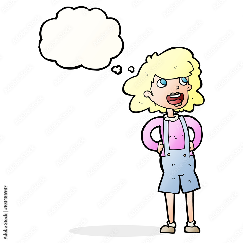 cartoon woman in dungarees with thought bubble cartoon woman in dungarees with thought bubble