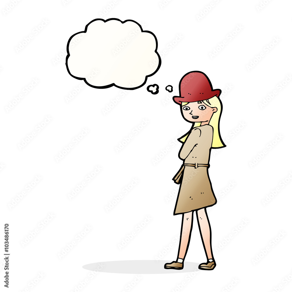 cartoon female spy with thought bubble cartoon female spy with thought bubble