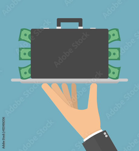 Hand holding briefcase full of money on a silver platter. Flat style
