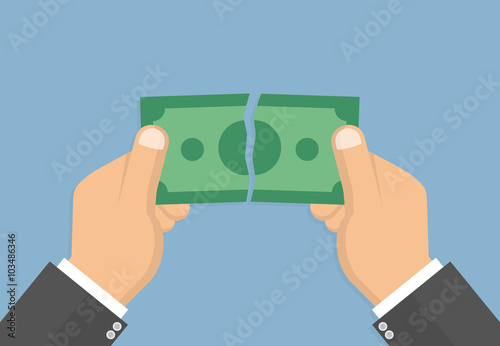 Hand tearing apart money bill in half. Flat style
