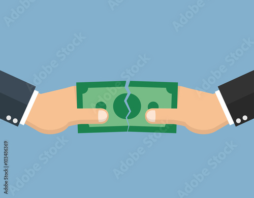 Hands tearing apart a money bill in two pieces - split up money concept - flat style