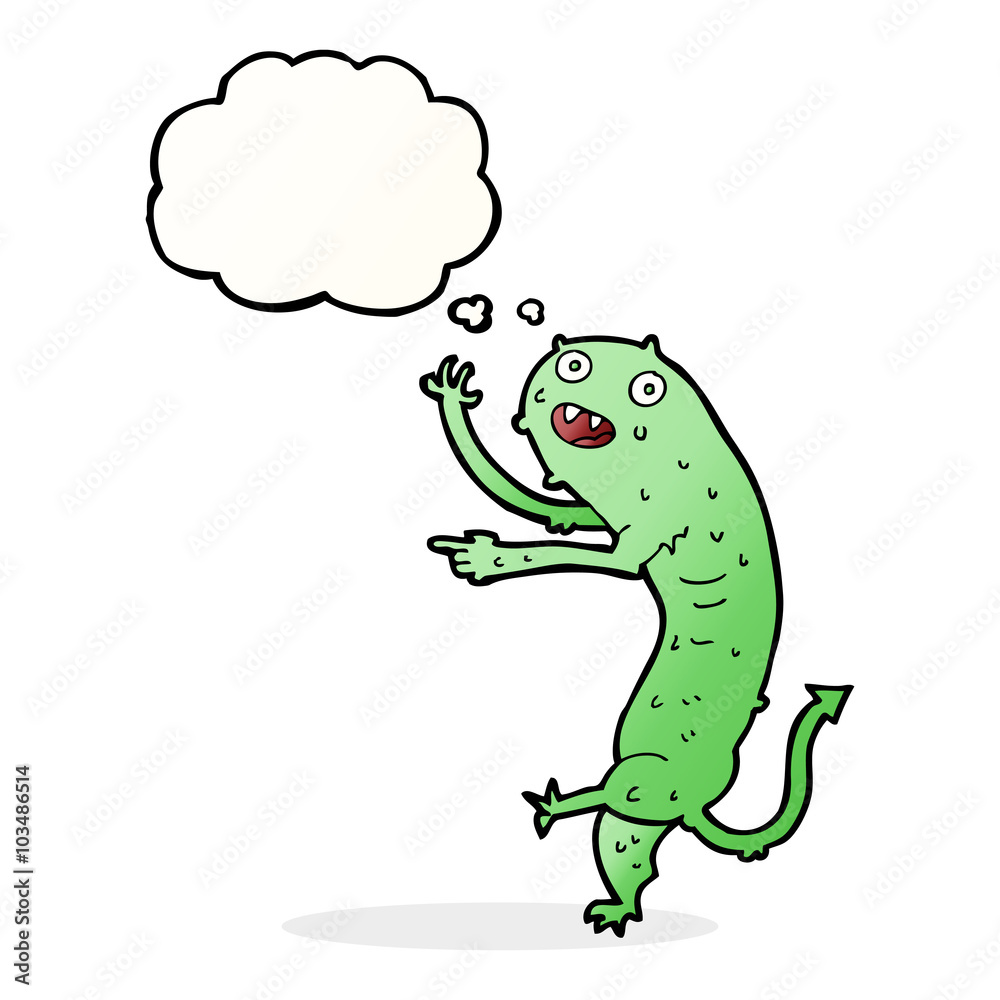 cartoon gross little monster with thought bubble