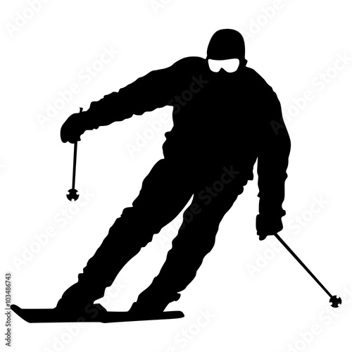 Mountain skier  speeding down slope. Vector sport silhouette