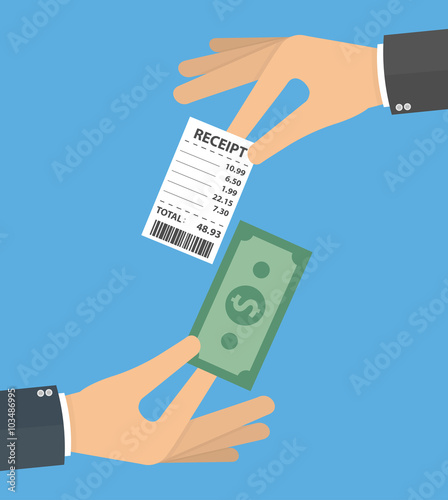 Hand giving money and another hand giving the receipt. Hand holding receipt and money bill. Flat design