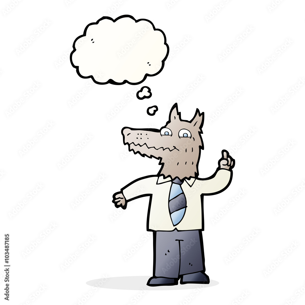 cartoon business wolf with idea with thought bubble cartoon business wolf with idea with thought bubble