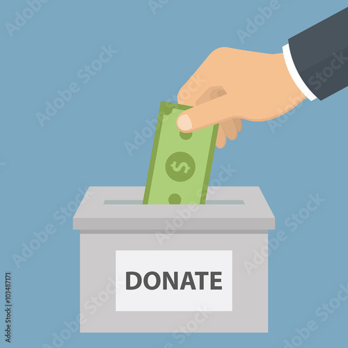 Donate money. Donation concept. Hand putting money bill in the donation box. Flat style