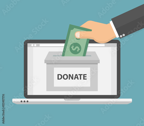 Donate online concept. Hand putting money bill in to the donation box on a laptop PC display. Flat style
